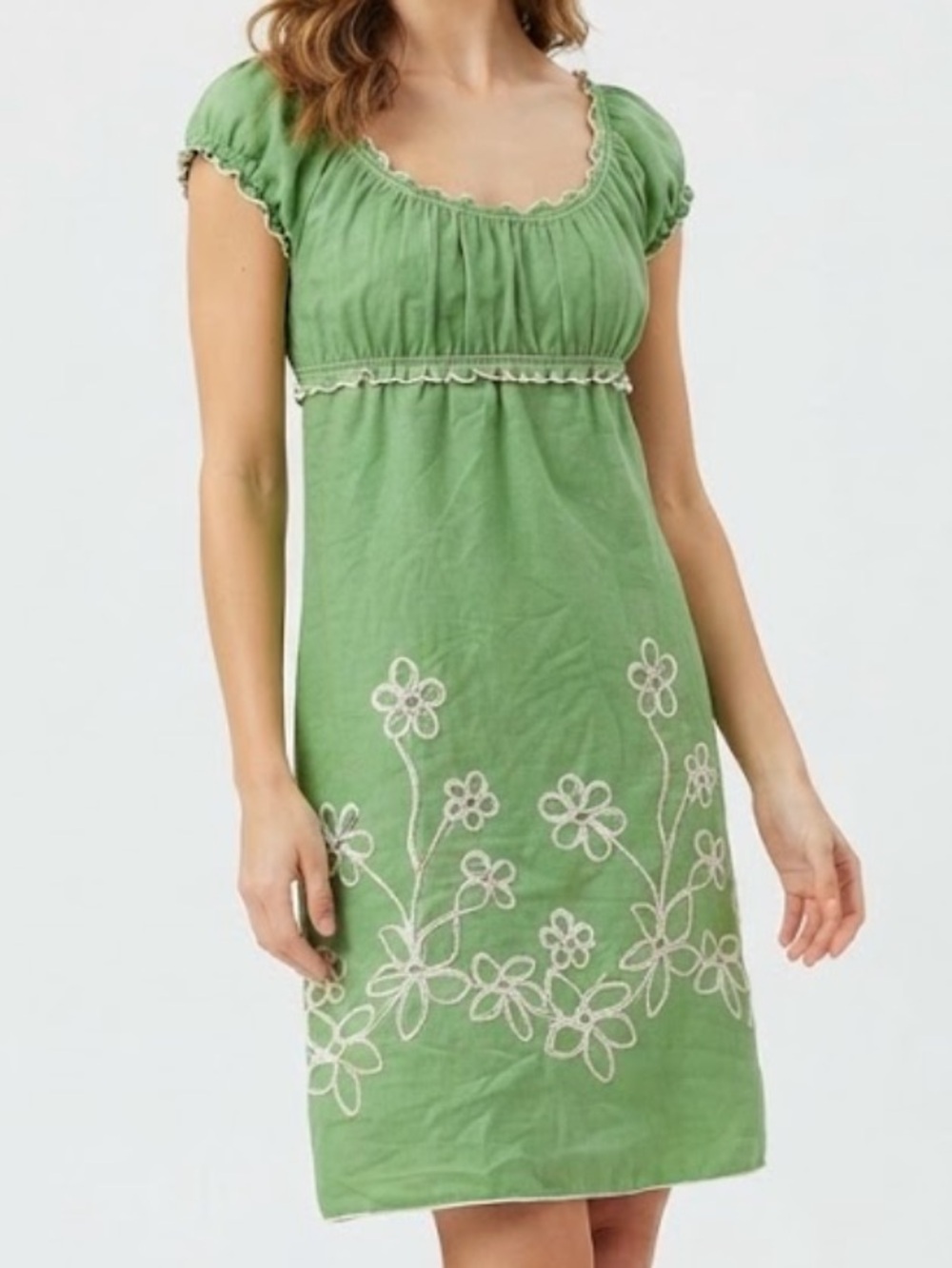 Max Studio Y2K Women’s Green Scoop-Neck Embroidered Floral Dress Size Small